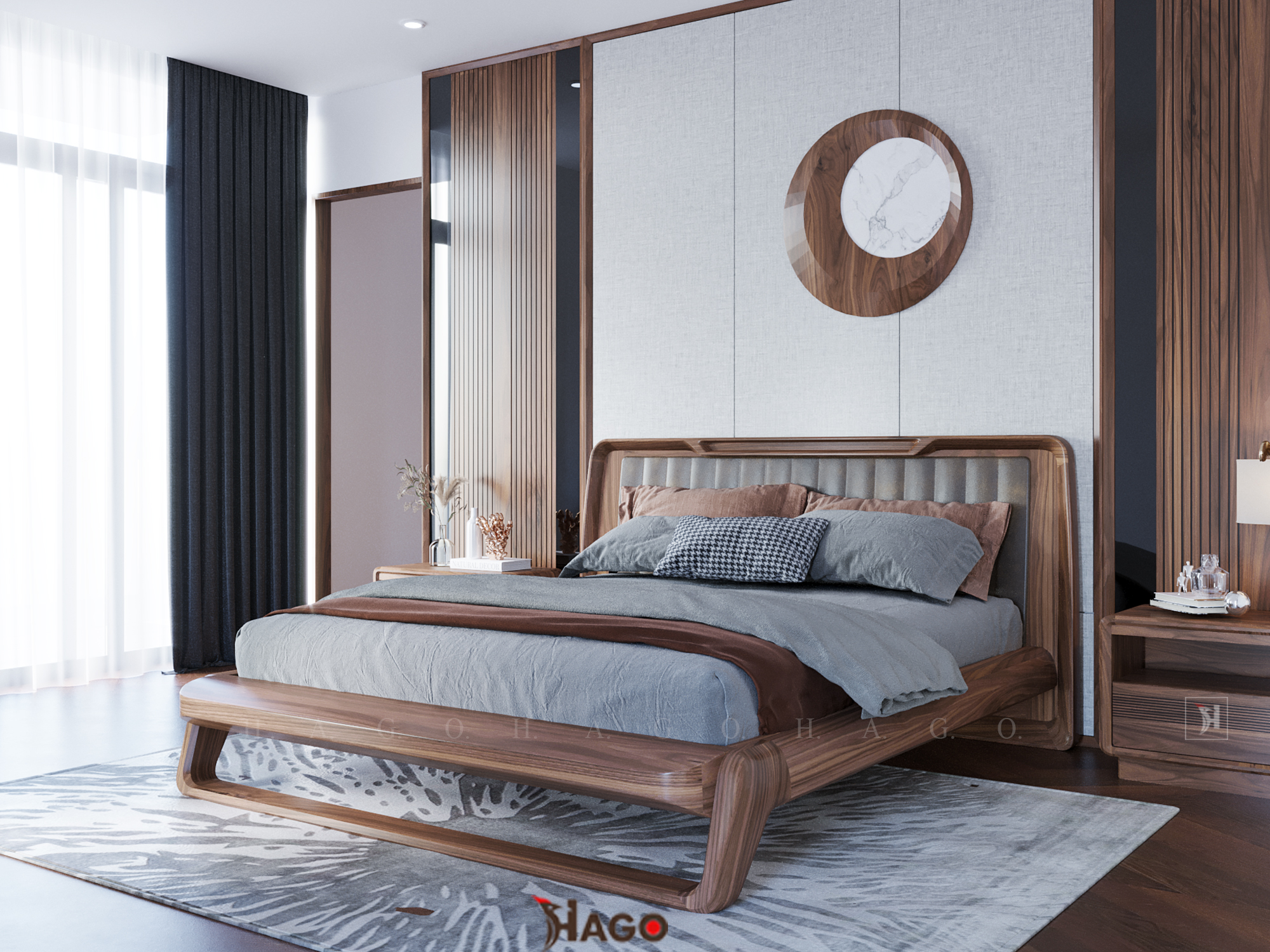 Giường ngủ hiện đại, giường ngủ hiện đại gỗ óc chó, giường ngủ gỗ sồi