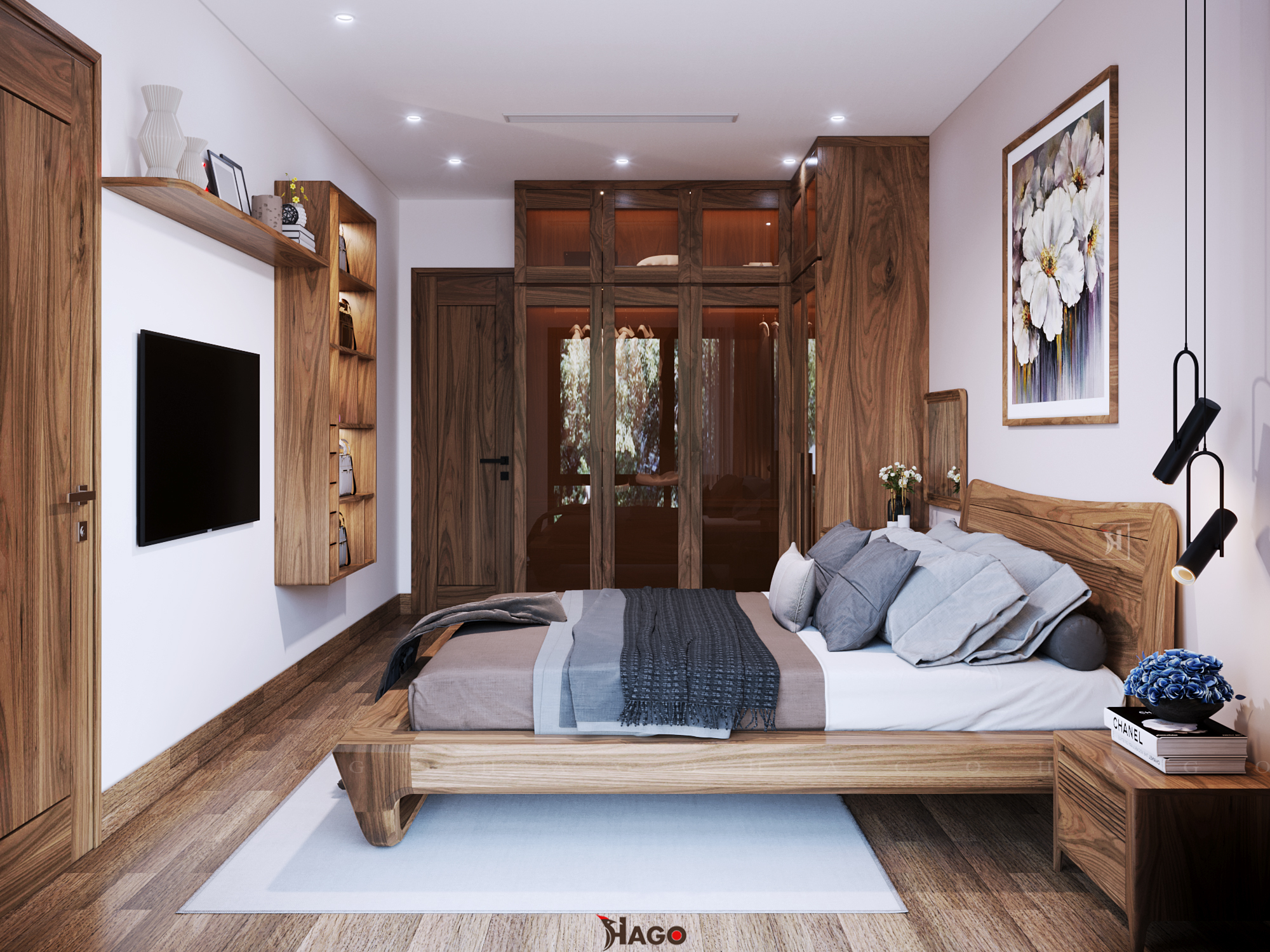 Không gian phòng ngủ hoàn hảo với tủ quần áo gỗ óc chó sang trọng